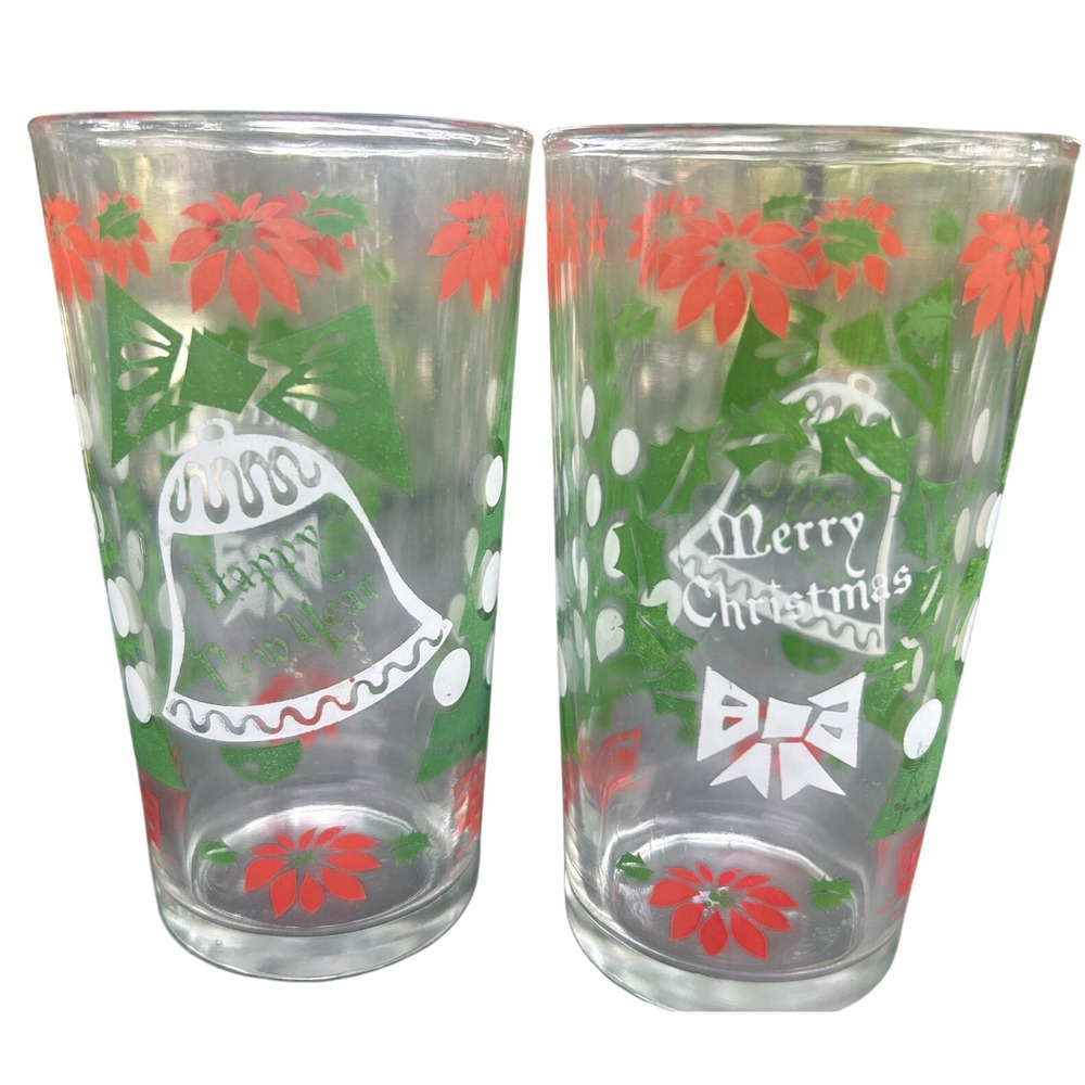 Vtg Set of 2 Continental Can MCM Christmas Holiday Glasses Wreath Poinsettia C